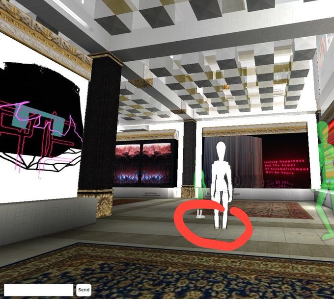 A virtual gallery or metaverse scene featuring a white mannequin figure circled in red, standing on a tiled floor beneath a checkered ceiling with digital artworks on the walls.