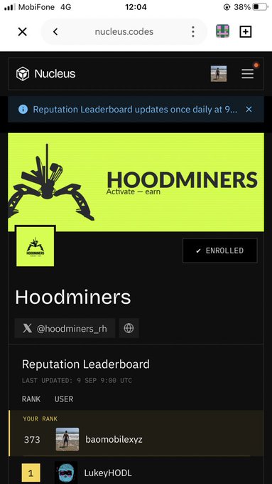 A mobile screenshot of the Nucleus platform showing the Hoodminers community page with a Reputation Leaderboard (last updated 9 SEP 9:00 UTC), displaying ranks including user baomobilexyz at #373 and LukeyHODL at #1.