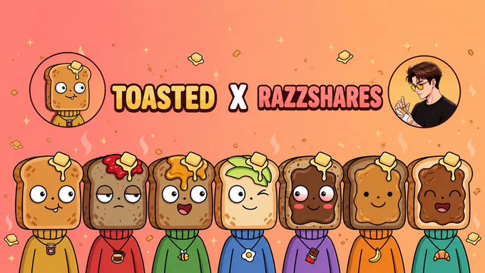 The image features a cartoon-style poster for an event called "Toasted x Razzshares". The poster has a pink background with white text that reads "Toasted x Razzshares" at the top, followed by "Toasted Pals Supply: 1111 Free Mint To enter: Follow @ToastedPals & @Razzshares Like Comment Repost Drop your EVM address Rewards: •  5 GTD Spots • 5 FCFS Spots Good luck!". The poster also includes a line of cartoon characters, each with their own unique features and expressions. These characters are dressed in various outfits, including sweaters and hats, adding to the overall whimsy of the design.