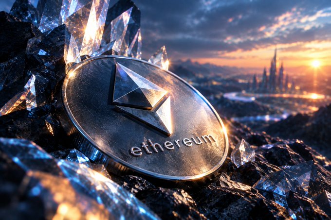 A silver "ethereum" coin rests among jagged crystals with a futuristic cityscape and sunset in the background, symbolizing the network's evolution toward quantum-resistant infrastructure. The crystal setting visually reinforces the post's message about Ethereum's foundational upgrades like FOCIL and Frame Transactions, which aim to harden the protocol's core—potentially replacing ECDSA—to secure the network against future threats.