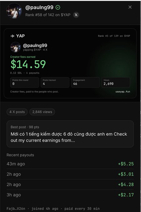 A screenshot of a YAP profile for '@paulng99' showing $14.59 in creator fees earned and recent payouts, with the username 'useyap.fun' visible.
