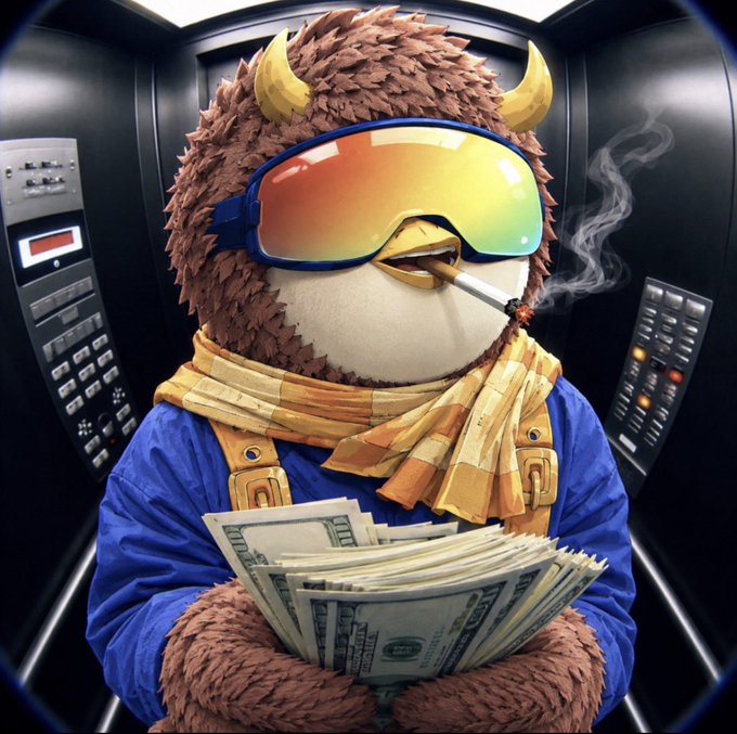 A 3D rendered anthropomorphic brown furry creature wearing ski goggles, a yellow scarf, and a blue jacket smokes a cigar while holding a stack of US hundred-dollar bills inside an elevator.