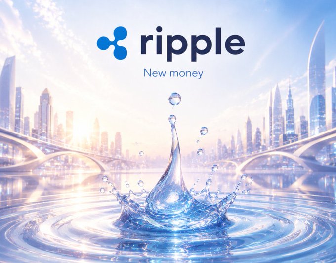 A promotional graphic for Ripple featuring its blue logo and the tagline "New money" set against a futuristic cityscape backdrop with a dynamic water splash, symbolizing the flowing infrastructure bridging traditional finance and digital assets—aligning with the message that XRP's true value lies in the underlying payment network being built, not just its market price.