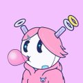 A cartoon character with pink hair in a pink hoodie, featuring halo-like rings above the head and blowing a pink bubble gum bubble.