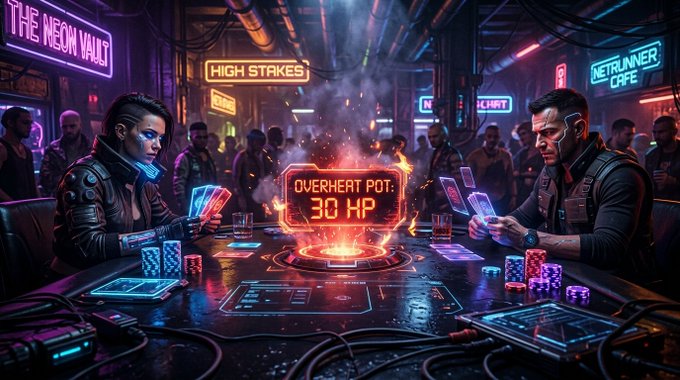 A cyberpunk-style scene of two players engaged in a high-stakes card game at a neon-lit table, with signs reading 'THE NEON VAULT', 'HIGH STAKES', and 'NETRUNNER CAFE', and a holographic display showing 'OVERHEAT POT: 30 HP'.