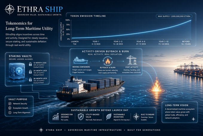 **Caption:** An infographic titled "Tokenomics for Long-Term Maritime Utility" by EthraShip details ETHRA's token emission timeline (max supply of 1,000,000,000 ETHRA) launching at 0% circulation and scaling up to 75%+ by Year 7-10, while highlighting staking vaults (12, 24, and 36-month locks with up to 36% of supply), real activity-driven buyback & burn mechanisms, and features like utility-backed value and sustainable incentives.

**Connection to the post:** The image visually reinforces the caption's message by explicitly illustrating how EthraShip's gradual token distribution model (starting at 0% and curving upward over a decade) avoids immediate full circulation, supporting the claim of a long-term design focused on lower initial supply and sustained ecosystem growth.