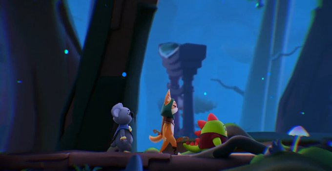 A small character wearing a green hat stands alongside a teddy bear in a dark, atmospheric forest setting with glowing particles.