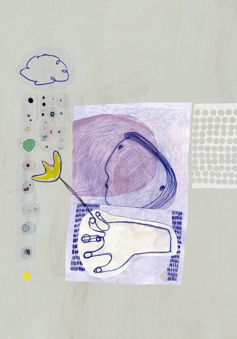 The image features a drawing of a hand holding a yellow bird, with a purple background. The drawing includes various shapes and lines that create an abstract composition. The post about Mazdak's Down Syndrome references this artwork, suggesting that the artist may have been inspired by Mazdak's condition or wanted to raise awareness for it through their art.
