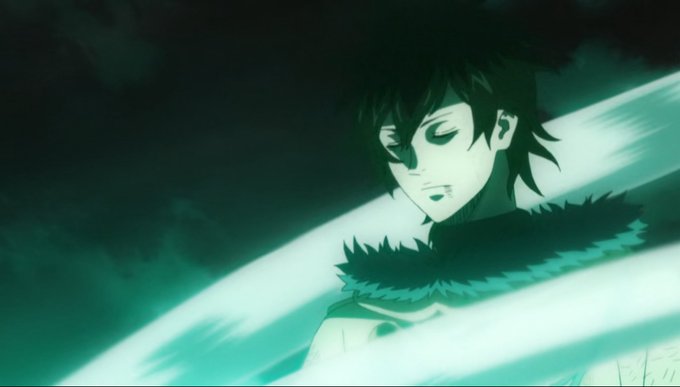 An anime character with spiky dark hair and a fur-collared outfit, appearing in a dramatic scene with green-tinted lighting and motion blur effects.