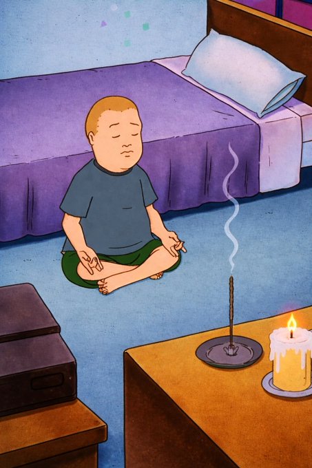An illustration of a bald boy meditating cross-legged on the floor of a bedroom, with incense smoke and a lit candle nearby.