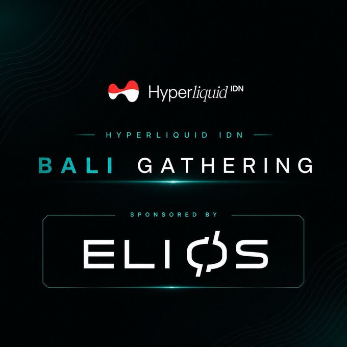 A dark promotional graphic displays "Hyperliquid IDN" at the top, followed by "HYPERLIQUID IDN BALI GATHERING" and a sponsor section reading "SPONSORED BY ELIQS" in a stylized white logo.