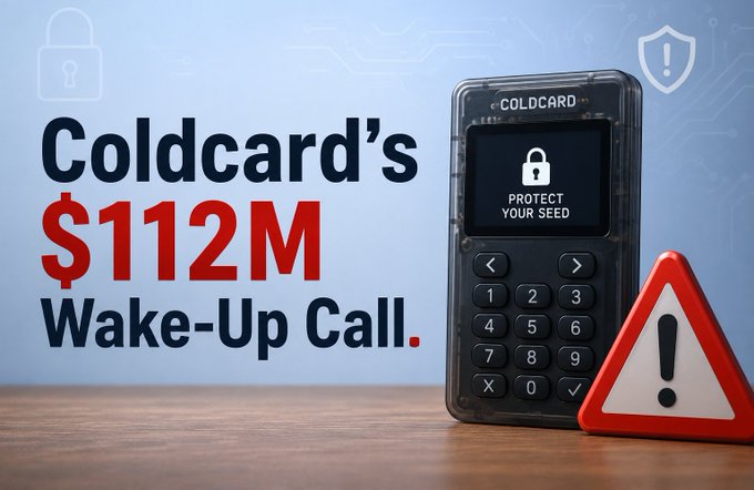 A promotional graphic for Coldcard displaying the text 'Coldcard's $112M Wake-Up Call' alongside an image of a Coldcard hardware wallet device showing 'PROTECT YOUR SEED' and a red warning triangle.