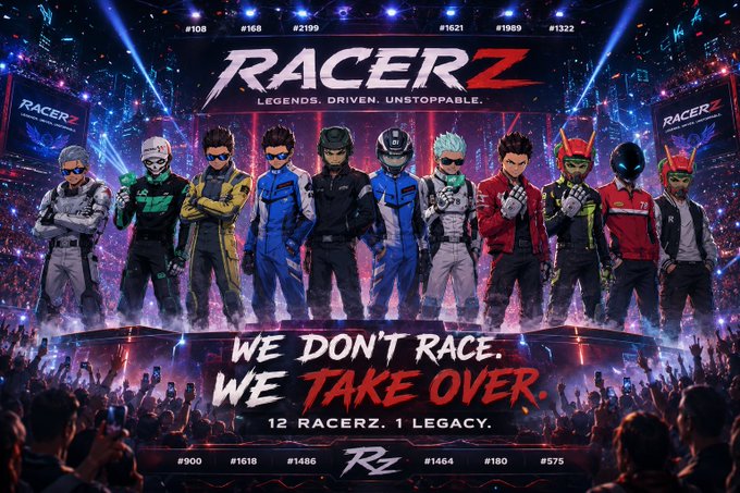 A promotional graphic for "RACERZ" showcasing 12 stylized racer characters lined up on stage with the tagline "WE DON'T RACE. WE TAKE OVER. 12 RACERZ. 1 LEGACY." and the subtitle "LEGENDS. DRIVEN. UNSTOPPABLE." — visually representing the "12 Racerz, one vision" message of a unified community-driven NFT project by @Racerz_eth.
