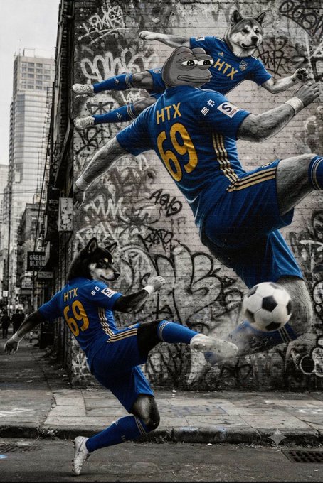 The image features a soccer player wearing blue and yellow uniform with the number 69 kicking a soccer ball while another player is attempting to block him from scoring a goal. The scene takes place on a street where there are buildings visible behind them, suggesting an urban setting. The caption of the image reads "No limit on $manyu go kick, go play, and go win!".