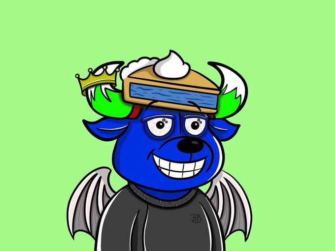 A blue cartoon bull character with devil horns, wings, a crown, and a pie-smashing helmet grins mischievously against a green background, symbolizing the chaotic "bear market" and "jeet season" referenced in the caption's warning to traders.