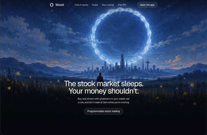 A webpage for Wexel with the headline "The stock market sleeps. Your money shouldn't," featuring a fantasy illustration of a city skyline under a glowing ring in the night sky, with a CTA for "Programmable stock trading."