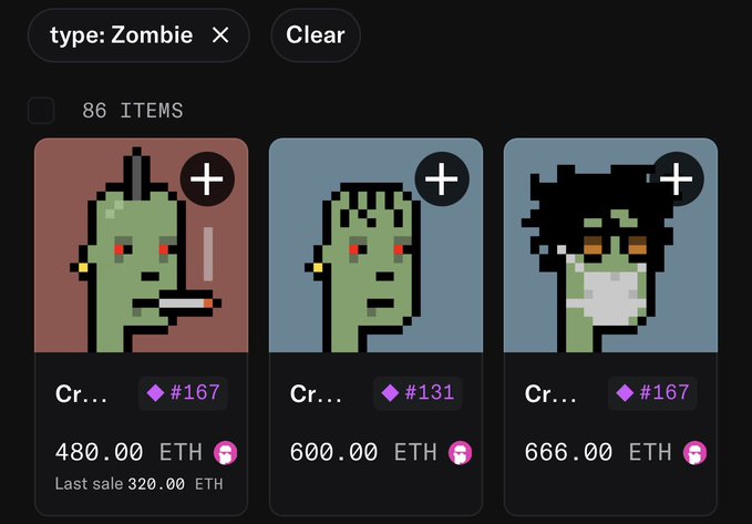 A ZOMG crypto token collection interface showing 86 items filtered by "type: Zombie," with three zombie-themed NFTs displayed at prices of 480.00 ETH (current Floor Price), 600.00 ETH, and 666.00 ETH, with the first item being the Floor Price highlighted in the post.
