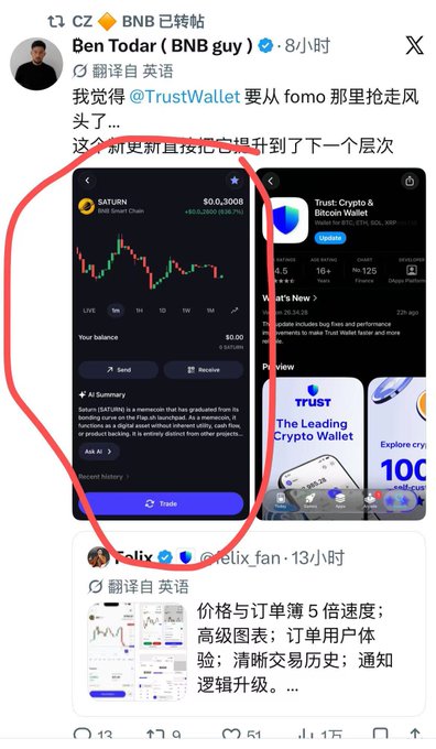 Screenshot of an X/Twitter post by CZ/BNB with Chinese text mentioning TrustWallet, alongside images of the SATURN BNB Smart Chain interface ($0.3008) and Trust Crypto & Bitcoin Wallet App, with replies from Ben Todar and Felix.