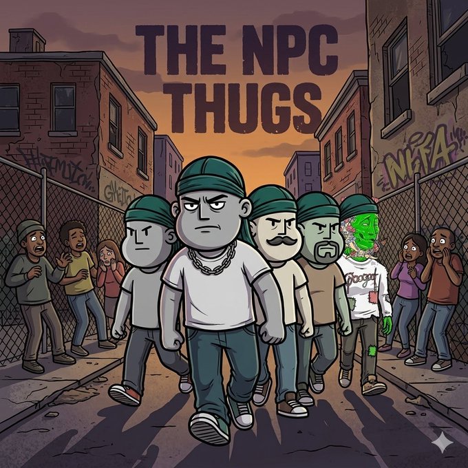The image features a group of cartoon characters walking down a street together. There are at least six people visible in the scene, with some of them wearing hats or headgear that makes their faces more prominent. The characters appear to be engaged in conversation as they walk along the street. The background includes buildings and graffiti on the walls, giving the scene an urban feel. The post about the NPC Thugs has a humorous tone, suggesting that the characters are engaging in a lighthearted discussion or joke related to the title of the post.