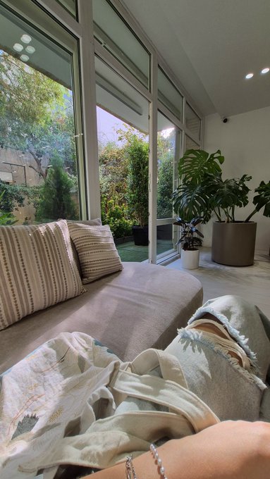 An interior view of a bright sunroom featuring large windows, a cushioned window seat with striped pillows, potted Monstera plants, and a blanket with a person's arm visible in the foreground.