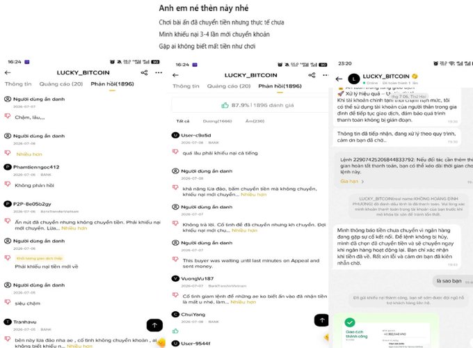 Three screenshots of Vietnamese-language Facebook posts from a page called 'LUCKY_BITCOIN' promoting cryptocurrency investments, dated 16:24 and 20:20.