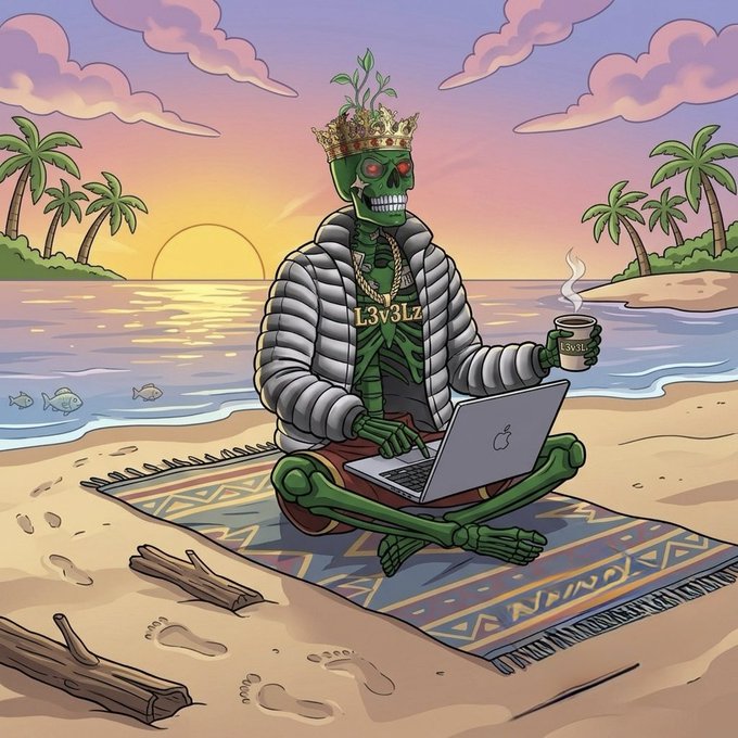 A cartoon illustration of a skeleton character wearing a crown, puffy jacket, and gold chain reading 'L3v3L z', sitting cross-legged on a beach towel while working on a laptop and holding a coffee mug.