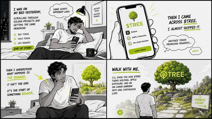 A four-panel comic shows a man scrolling through tokens in bed, discovering the $TREE token on Solana, and being invited to 'walk with me' into an on-chain growth loop garden.
