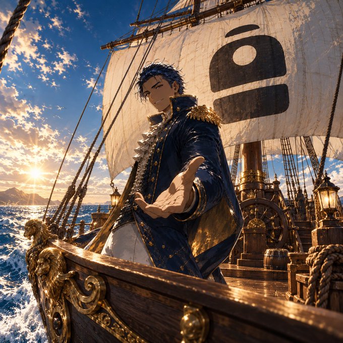 An anime-style illustration of a young man with blue hair wearing an ornate blue and gold naval-style coat, standing on the deck of a sailing ship. He extends his hand outward against a sunset seascape with mountains in the background.