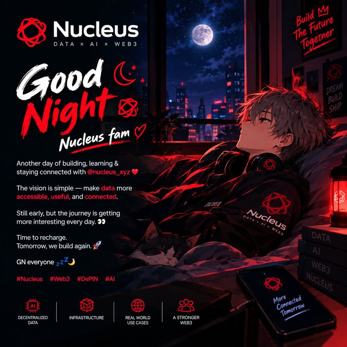 A promotional graphic for Nucleus (Data x AI x Web3) featuring an anime-style character with a cat in a red-lit room, with text reading 'Good Night Nucleus fam' and 'Build My Future Together.'