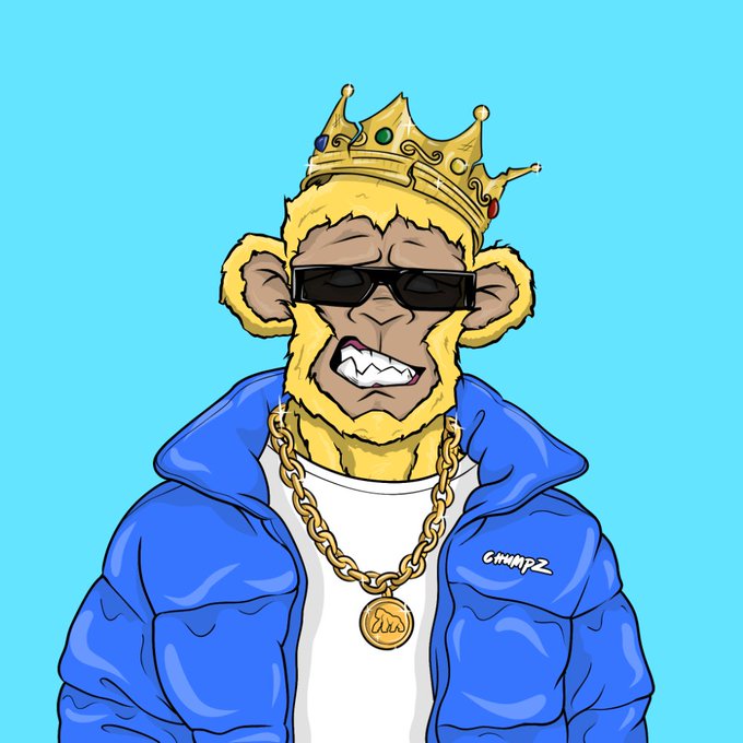 A cartoon illustration of a monkey character wearing a gold crown, black sunglasses, a blue puffer jacket, and a gold chain necklace against a light blue background, signed 'CHIMPZ'.