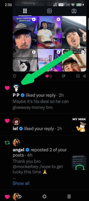 Instagram notifications screen showing a green arrow pointing to 'PP' who liked a reply saying 'Maybe it's his deal so he can giveaway money bro'.