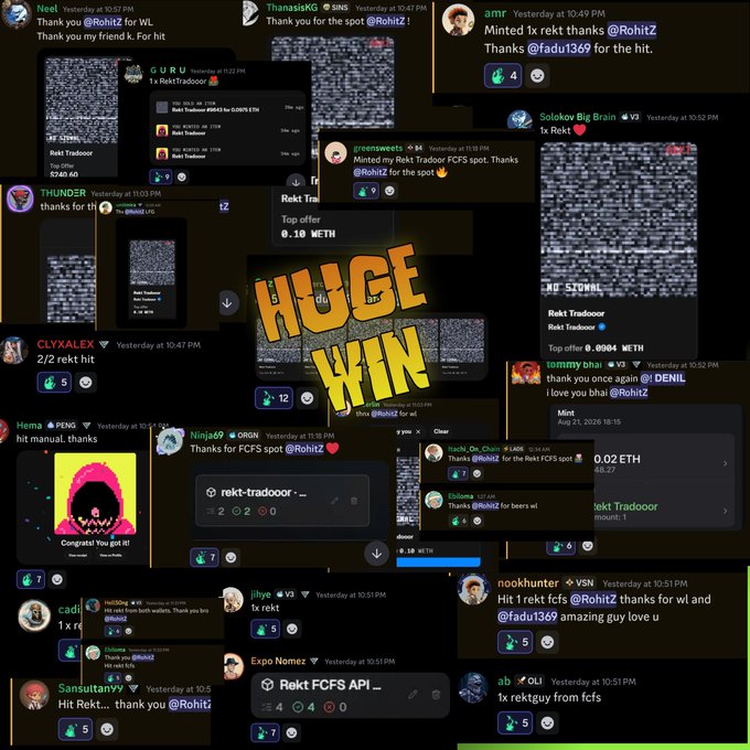 A collage of Discord messages celebrating a successful "Rekt Tradoor" mint from the @RohitZ collection, featuring reactions like "Minted 1x rekt thanks @RohitZ" and price jumps from 0.02 to 0.12 ETH, overlaid with large orange text reading "HUGE WIN." The image visually supports the post's claim about Velcorians holders benefiting from the Rektguy Robinhood collection drop, with community members expressing gratitude and excitement over the windfall.