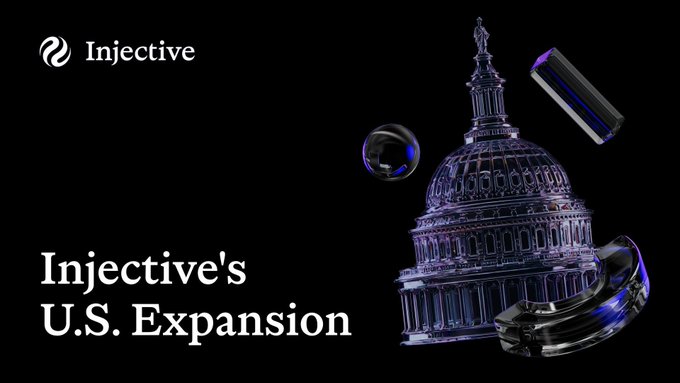A promotional graphic for Injective's 'U.S. Expansion' featuring a 3D rendered U.S. Capitol building dome with floating gavel and elements, against a black background.