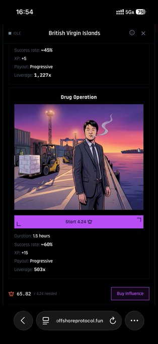 A mobile game screen for 'British Virgin Islands' featuring a 'Drug Operation' with a character illustration, showing stats like 45% success rate, 1,227x leverage, and a duration of 1.5 hours.