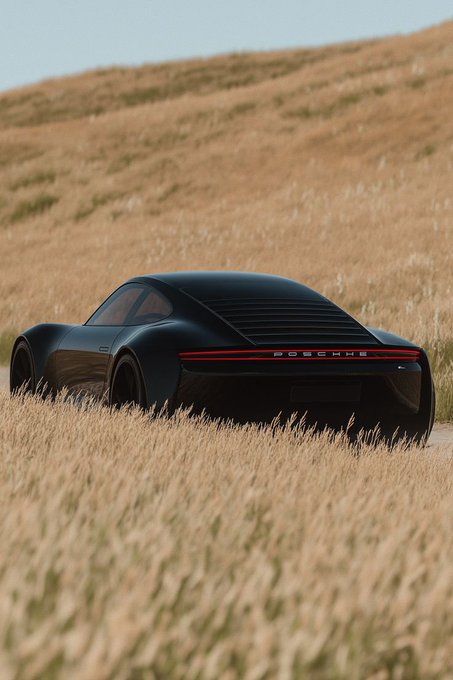 A sleek black Porsche sports car parked in a field of tall golden grass with rolling hills in the background.