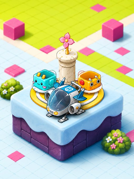 A colorful 3D isometric cartoon scene featuring a small white spaceship landed on a snowy platform, surrounded by two cute box-shaped characters (one cyan, one orange) with smiling faces, a pillar topped with a pink flower, and decorative bushes and pink cubes on a tiled floor.