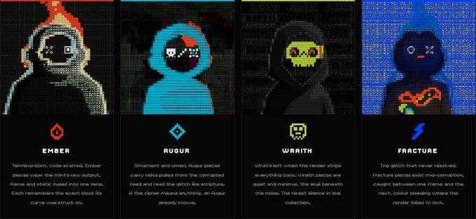 Four pixel-art hooded figures labeled "EMBER," "AUGUR," "WRAITH," and "FRACTURE" represent the four factions in a Stealth Mode NFT launch called Sigilion, where players choose one to mint fairly without bots. Each character has a glitchy, corrupted visual style matching its description (e.g., Ember "remembers the exact block its curse was struck on"), reinforcing the cryptographic, faction-based theme of the post's question "What's your faction?"