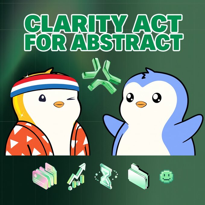A promotional graphic titled 'CLARITY ACT FOR ABSTRACT' featuring two penguin cartoon characters with money/cash symbols between them, surrounded by pixel-art icons of folders, charts, and items.
