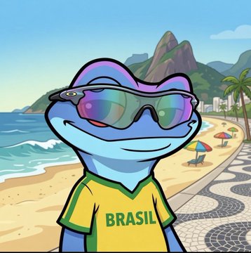 A cartoon blue snake wearing iridescent sunglasses and a yellow Brazil jersey smiles on a sunny Rio de Janeiro beach, with the word "BRASIL" on its shirt — perfectly matching the post's hyped "BRASILLLLL" energy for the $SNEK token.