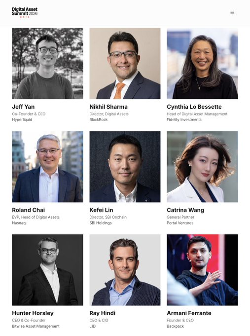 A grid of nine speaker headshots for the Digital Asset Summit (DAS2025), featuring Jeff Yan (Hyperliquid), Nikhil Sharma (BlockRock), Cynthia Lo Bessette (Fidelity Investments), Roland Chai (Nasdaq), Kefei Lin (SBI Holdings), Catrina Wang (Portal Ventures), Hunter Horsley (Bitwise Asset Management), Ray Hindi (L1D), and Armani Ferrante (Backpack)—the lineup of industry leaders announced for DAS Asia's debut in Singapore before ticket prices rise this week.
