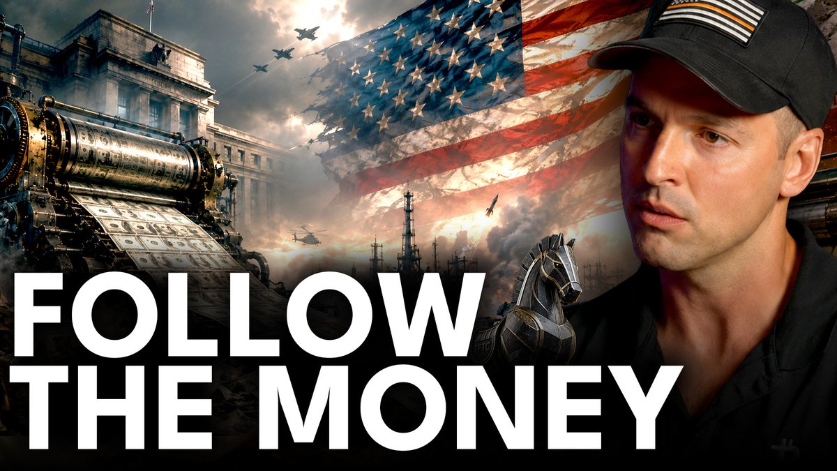 A podcast or video thumbnail titled 'FOLLOW THE MONEY' shows a man in a black cap alongside a money-printing machine, an American flag, and a chess knight piece.