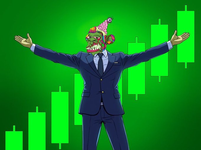 A cartoon figure in a business suit wears a grotesque Pepe the Frog mask with an exposed brain, standing with arms outstretched against a green candlestick chart background showing an upward trend, playfully tying into the "GM & happy Friday 𝕏 fam!" crypto-trading greeting.