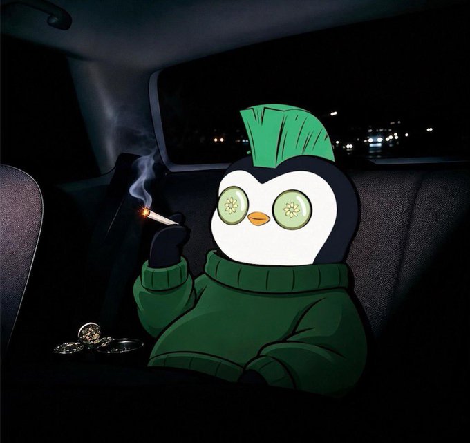 An illustration shows a penguin character with a green mohawk and cucumber slice eyes, wearing a green sweater. The penguin sits in the back of a car at night, smoking a cigarette with gold coins scattered nearby.