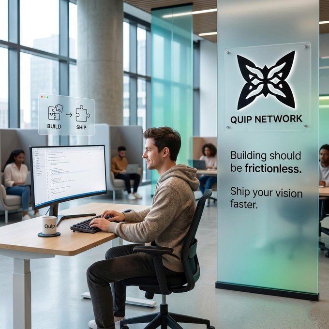 The image shows a man sitting at a desk, working on his computer with a smile on his face. The setting appears to be an office environment where people are working together or collaborating. There are multiple chairs around the room, indicating that this is a shared workspace. A sign in the background reads "quip network", suggesting that it might be a company related to software development or technology.

The image also contains text about building and shipping applications quickly, which could be related to the man's work at Quip Network. The focus of the image is on the man sitting at his desk with a smile, showcasing a positive atmosphere in the office environment.