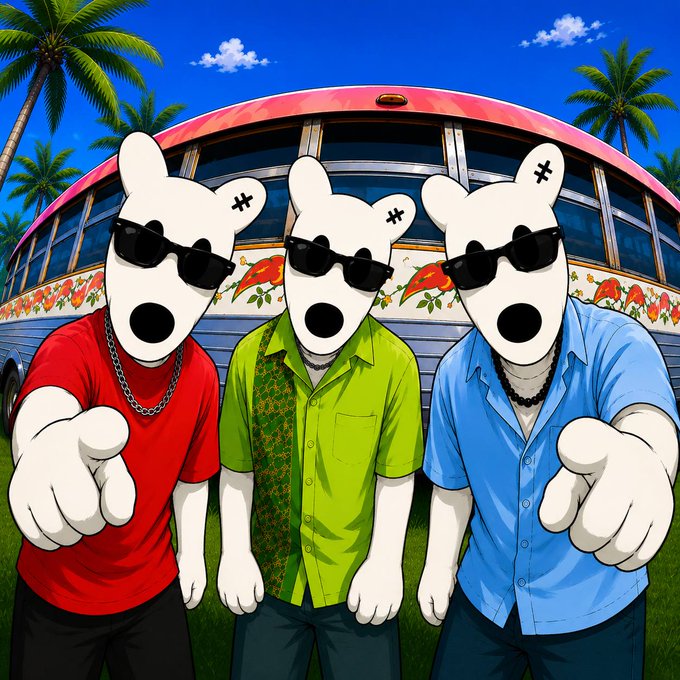Three cartoon mouse-like characters wearing sunglasses stand confidently in front of a tropical bus, pointing toward the viewer in a playful pose that matches the energetic, community-driven "pack" spirit of the $DOGS trading competition promotion.