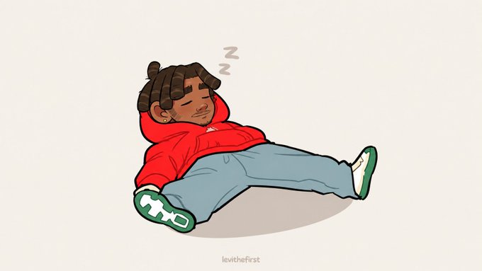 A cartoon illustration of a young man with dreadlocks and a red hoodie sleeping on the floor with 'Z' marks above his head, signed 'levithefirst'.