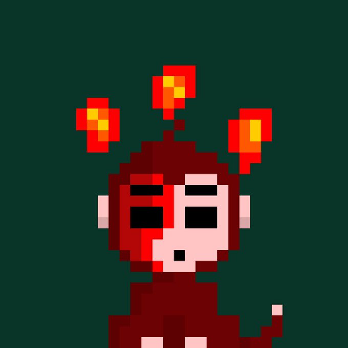 A pixel art character with a red face, wide black eyes, and three flame-like shapes on top of its head appears against a dark green background.