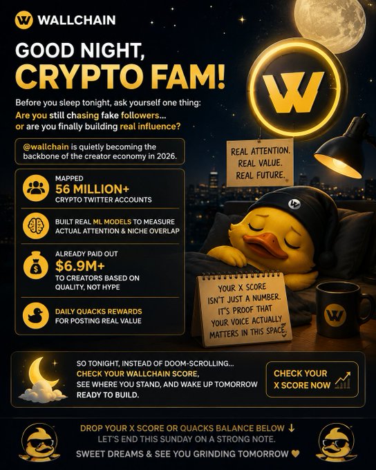 The image features a poster for a cryptocurrency called "Good Night Before You Sleep" with a duck as its mascot, which is related to the concept of good night before bedtime. The poster includes information about the creator economy and mentions that there are 56 million Crypto Twitter accounts. It also highlights how the creator economy has grown in 2026.