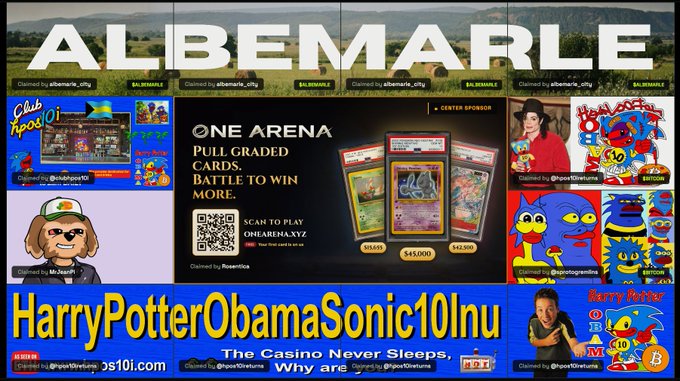 A digital billboard displays a "Meme War" between $HarryPotterObamaSonic10Inu (HPOS10I) and $ALBEMARLE, featuring rival ads including ALBEMARLE branding with claims like "Claimed by albemarle_city," alongside HPOS10I promotions with QR codes, slogans such as "HarryPotterObamaSonic10Inu.com - The Casino Never Sleeps," and references to Pokémon-style artwork and One Arena trading cards.