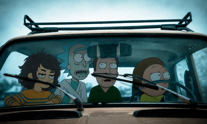 A scene from an animated show depicting four cartoon characters—resembling a crossover between Rick and Morty and Bob's Burgers—sitting inside a vehicle, visible through a windshield with wipers.